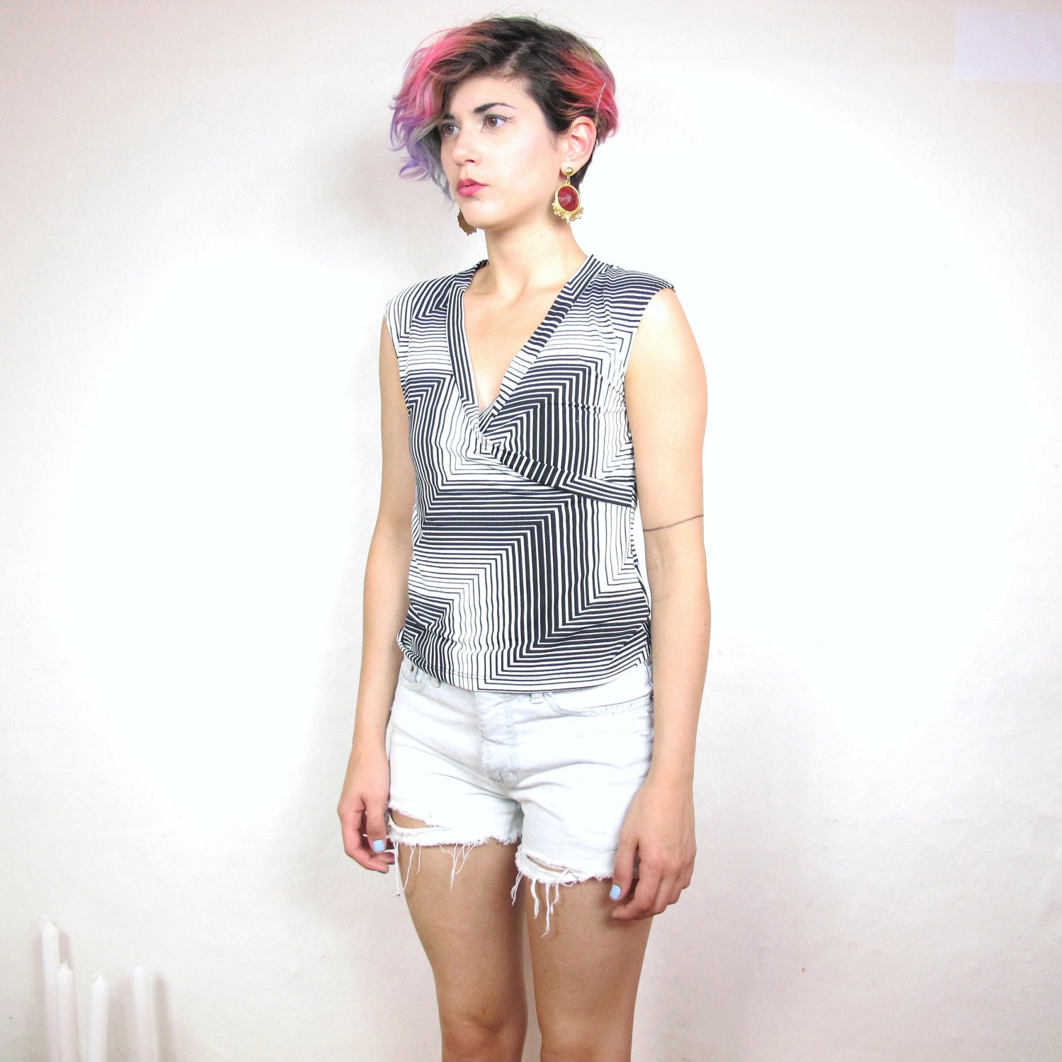 S A L E 90s Op Art Graphic Cross Wrap Tank (S/M)