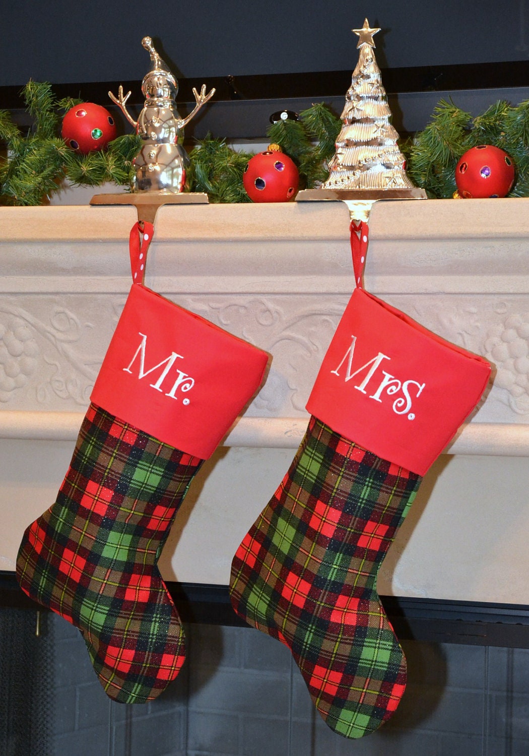 Ready to SHIP--- Personalized JUMBO Monorgammed Mr. & Mrs. Christmas stockings .Beautiful green and red Christmas plaid