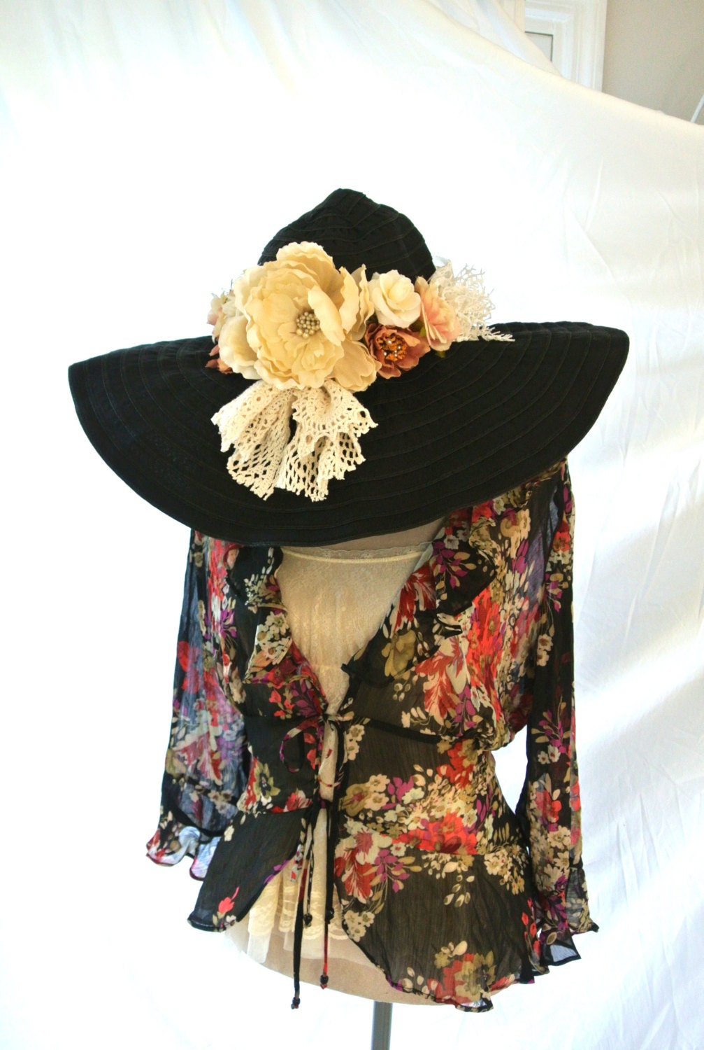 Sun Hat, rustic French floral wide brim hat, garden party hat, downton abbey style, black cottage hat, romantic, true rebel clothing