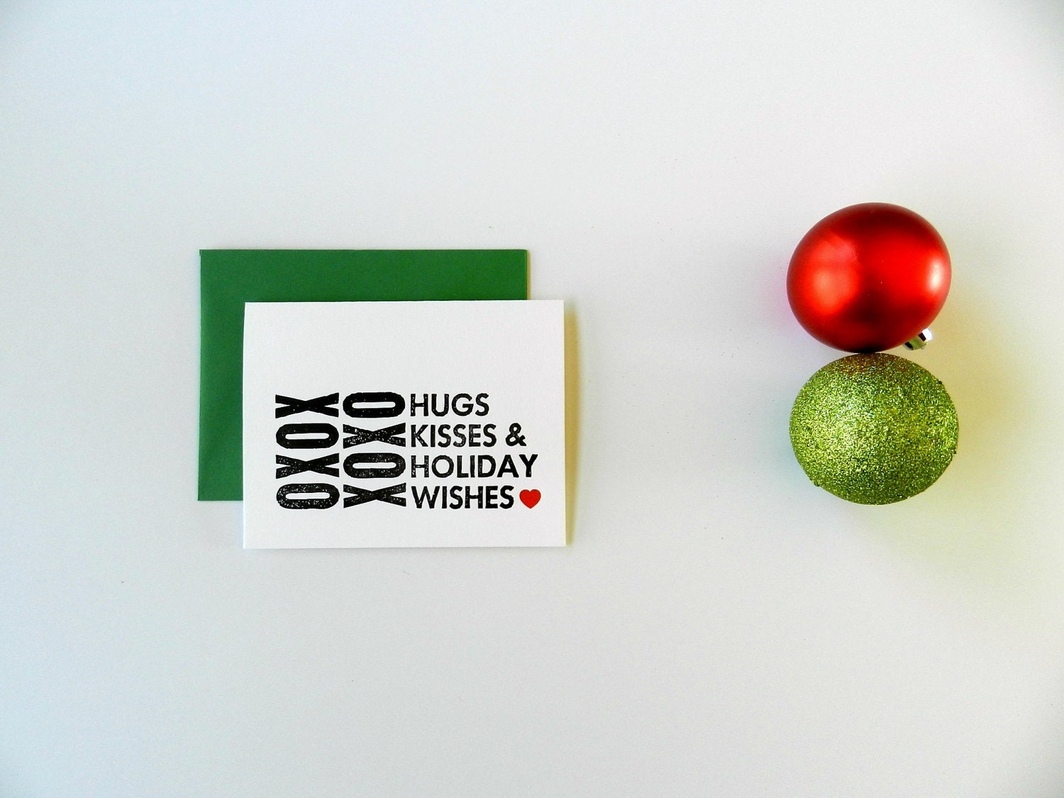 Christmas Cards, 4 Holiday Greeting Cards, Simple Design, Black and White Typography, XOXO Red Heart (Set of 4)