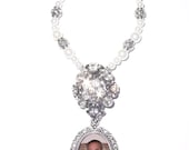 Wedding Bouquet Memorial Photo Oval Metal Charm Crystal Gems Pearls Silver Diamond Tibetan Beads - FREE SHIPPING