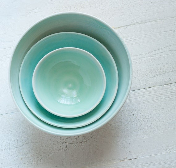 Serving Bowls Kitchen Food Prep Porcelain Bowls Aqua and White Pottery
