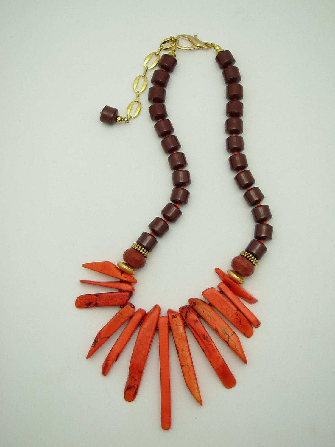BRICK HOUSE /Statement Necklace.Chunky.Japer.Orange.Tribal Bib.Color Block/