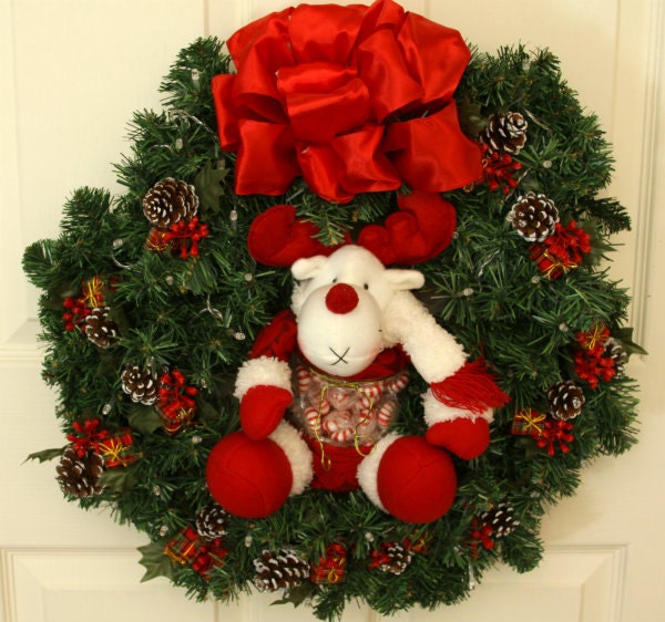 SALE - Rudolph The Reindeer Chistmas Candy Wreath // Christmas Wreath Decoration // Holiday Wreath Christmas // Deco Mesh Chriistmas Wreath