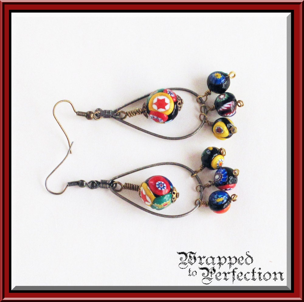 Colorful Boho Earrings / Vintage Beads / Gypsy / Teardrop Hoop / Antique Brass / Funky / Unique / OOAK / Italian Beads