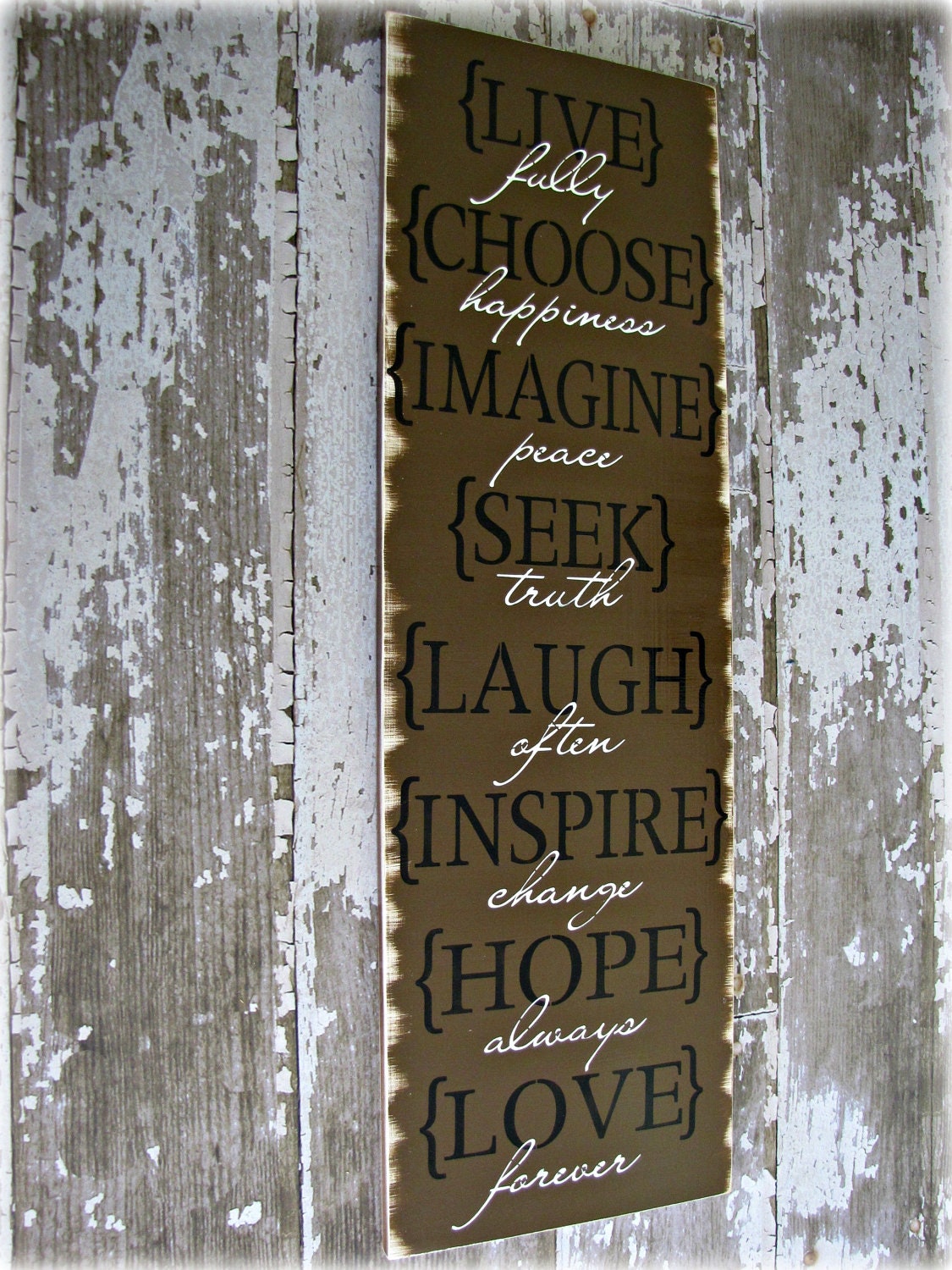 Life Rules- Love, Laugh, Live, Choose- Shabby Chic Typography Sign-Chocolate Brown
