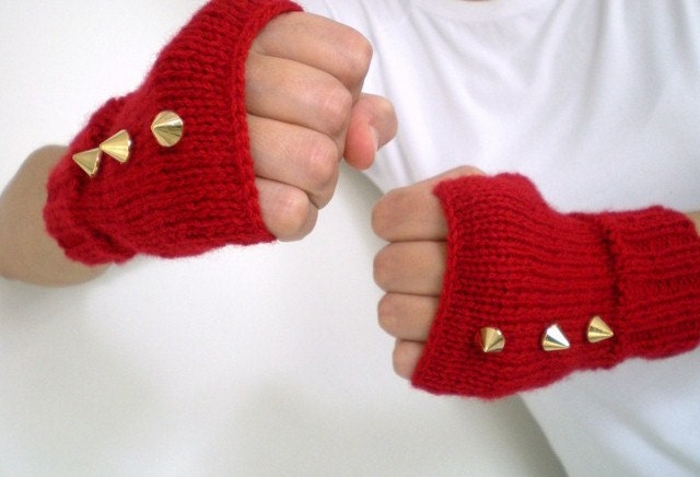 Red Fingerless Gloves with Studs, Studded mittens, women winter fashion