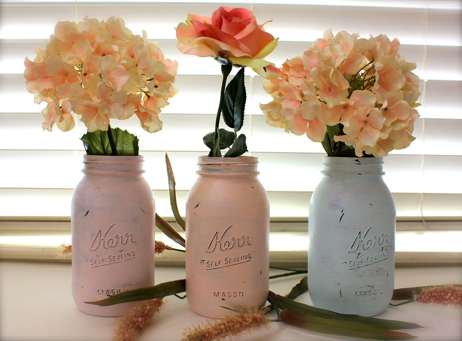 Beach Wedding and Rustic Home Decor : Distressed and Painted Shabby Chic Quart Mason Jars - Pastels