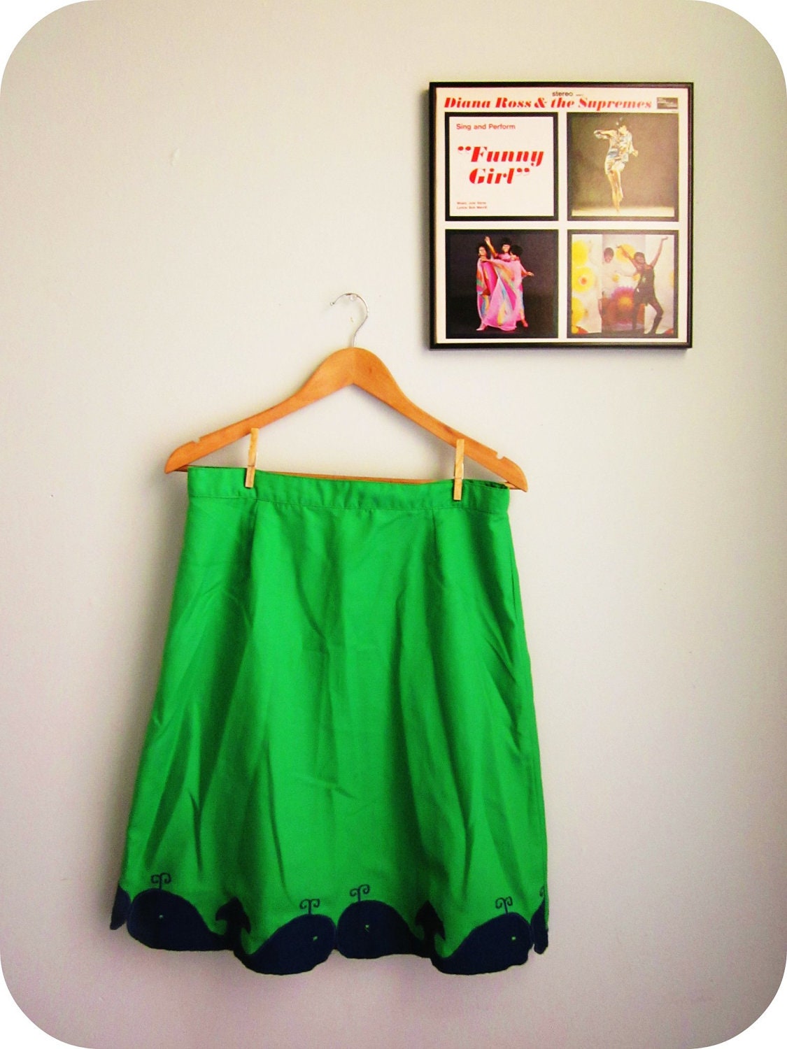 a-line skirt in lime green with WHALES beach kitsch handmade skirt size l