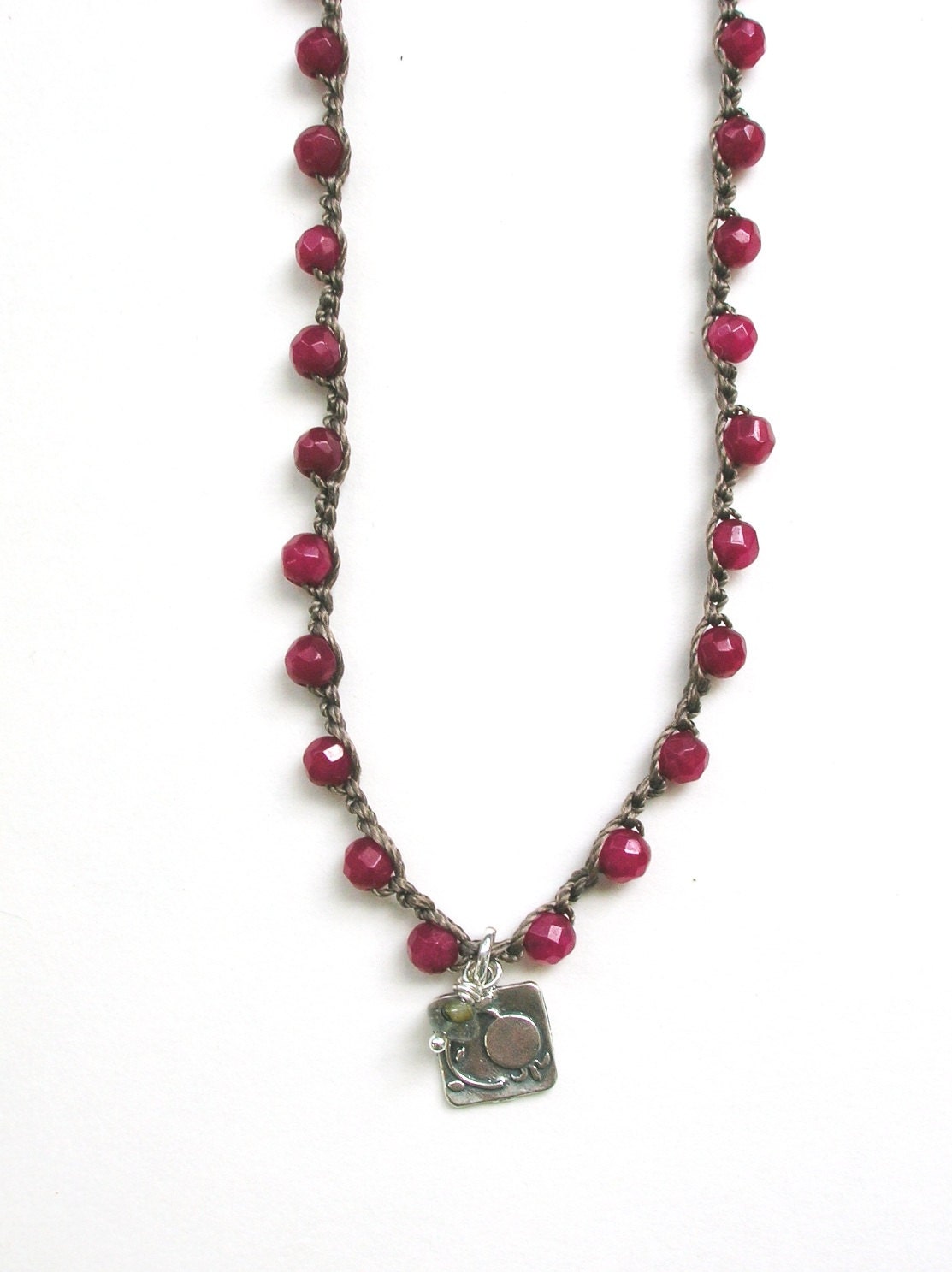 Dainty boho crochet necklace silver charms, Bohemian jewelry, pomegranate, fall, fuchsia jade stones, pink red, labradorite