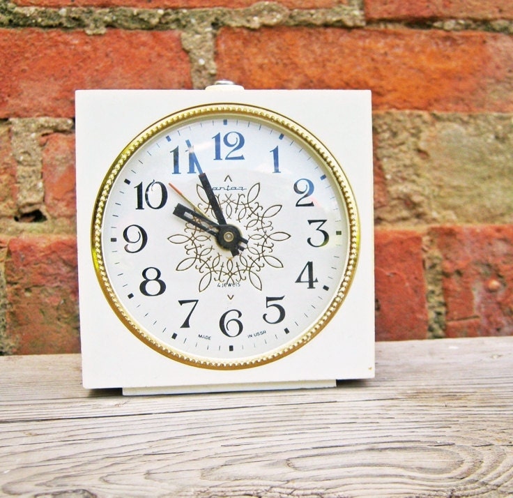 Absolute white Vintage Russian mechanical alarm clock Jantar