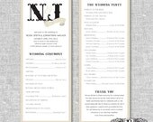 DIGITAL printable, monograms and initials, two sided Wedding Program, Nora design