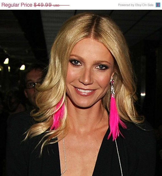 Hot Pink Feathers dangle from Antiqued Silver Cones and Stone Beads - Gwenyth Paltrow inspired