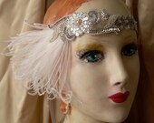 elsie-  flapper headband with silver sequined flower and white feathers angled down- made to order