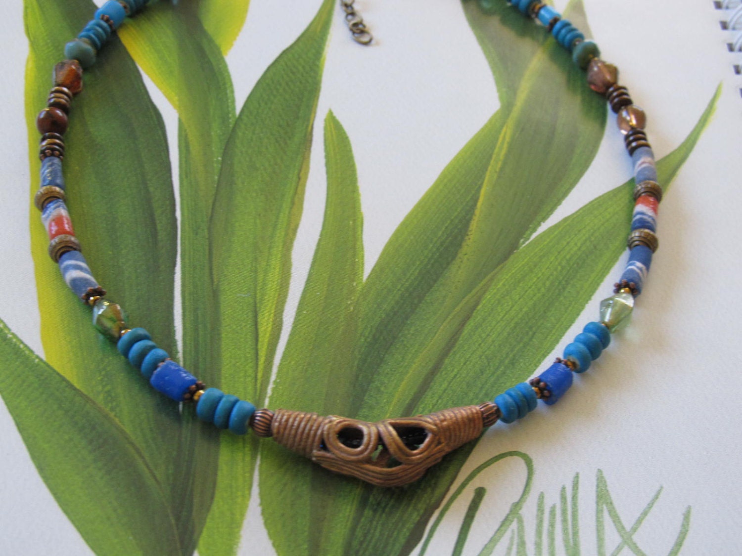 Blue African Trade Bead Necklace. Turquoise Necklace.  Ethnic Jewelry. African Baule Brass Necklace