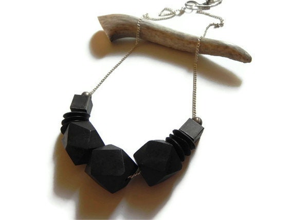 geometric wood statement necklace, mod wood necklace, wood beadwork necklace, black geometric necklace