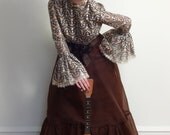 Vintage 1970s Maxi Dress Evening Gown in Brown w/Metallic Gold & Silver Mesh Top,