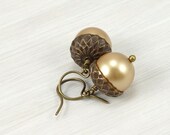 Acorn Earrings Fall Jewelry Autumn Jewelry Antique Brass Earrings Pearl Earrings Custom Fall Fashion Dark Brass Jewelry