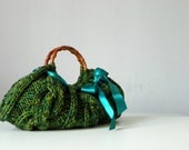 Women's Knit tote bag, handmade bag, accessories, Knitted Handbag, shades green, autumn, fall, winter Bag, christmas gift, blue mintbow