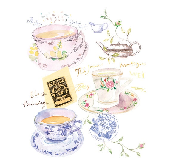 Tea poster Tea time in Paris 11X14 print Kitchen art Watercolor Blue France Teacup