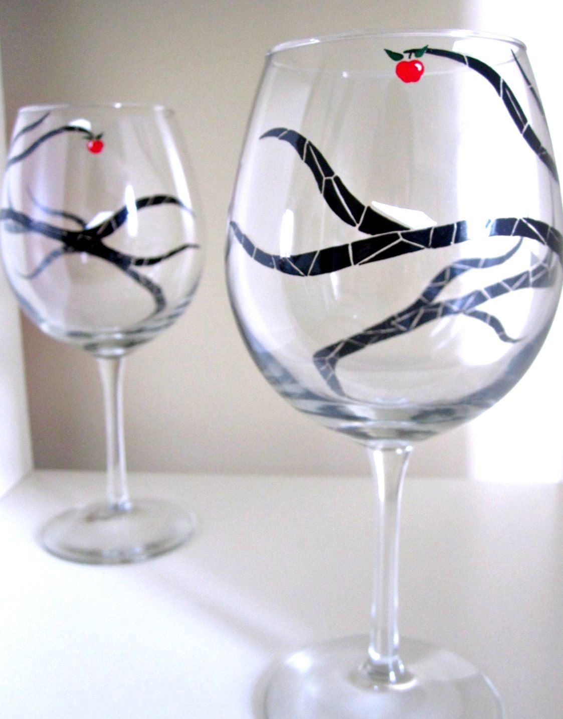 Hanging Apple Glassware- Hand Painted Wine Glasses- Set of 2