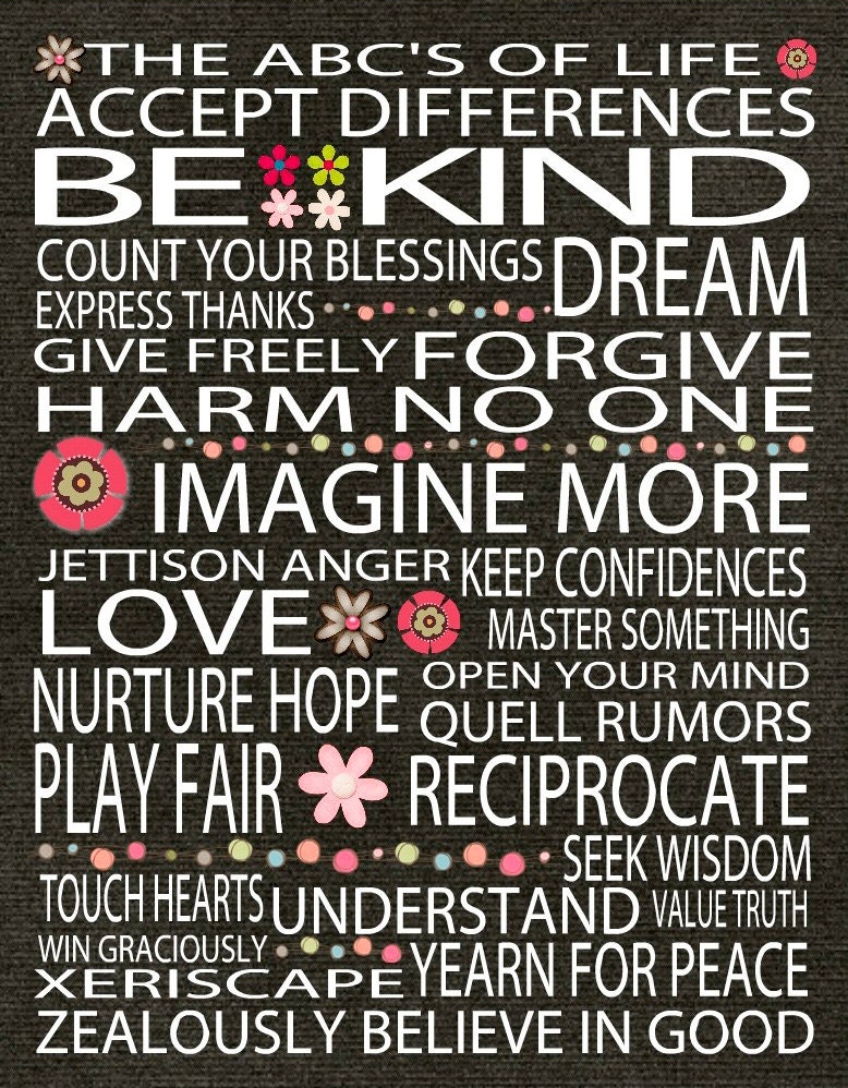 ABC of LIfe Rules - 5x7 Greeting Card -  Colorful Accept Differences - Flowers or Gears - Word Art Prints