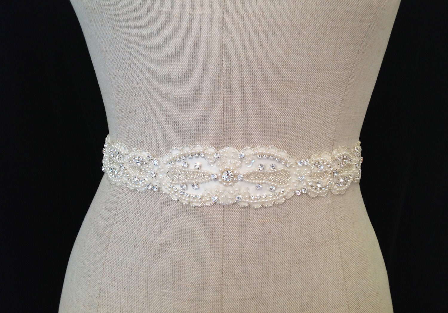 Rhinestone Crystal ,Pearl and Lux Satin Bridal Sash " Launa"
