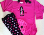 Girls Custom Boutique Clothing Rock Star Guitar Baby Bling Ruffle But Onsie w Flower Hairband w Blinged Leg Warmers