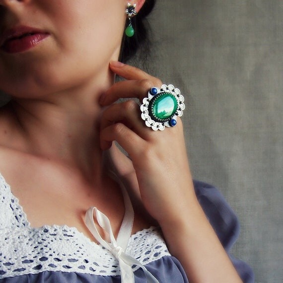 XL large sterling silver metalsmith ring with gemstones malachite and agate, blue green, filigree and flower metalwork, cabochon ring