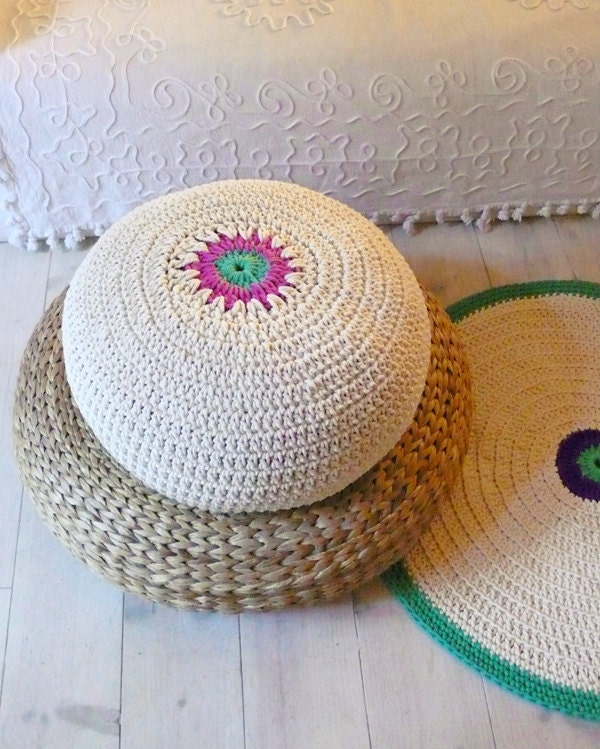 Floor Cushion Crochet  - ecru and colors