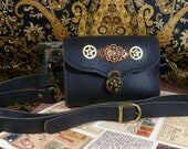 Steampunk goggle case/bag in black leather with antique copper filigree GC009