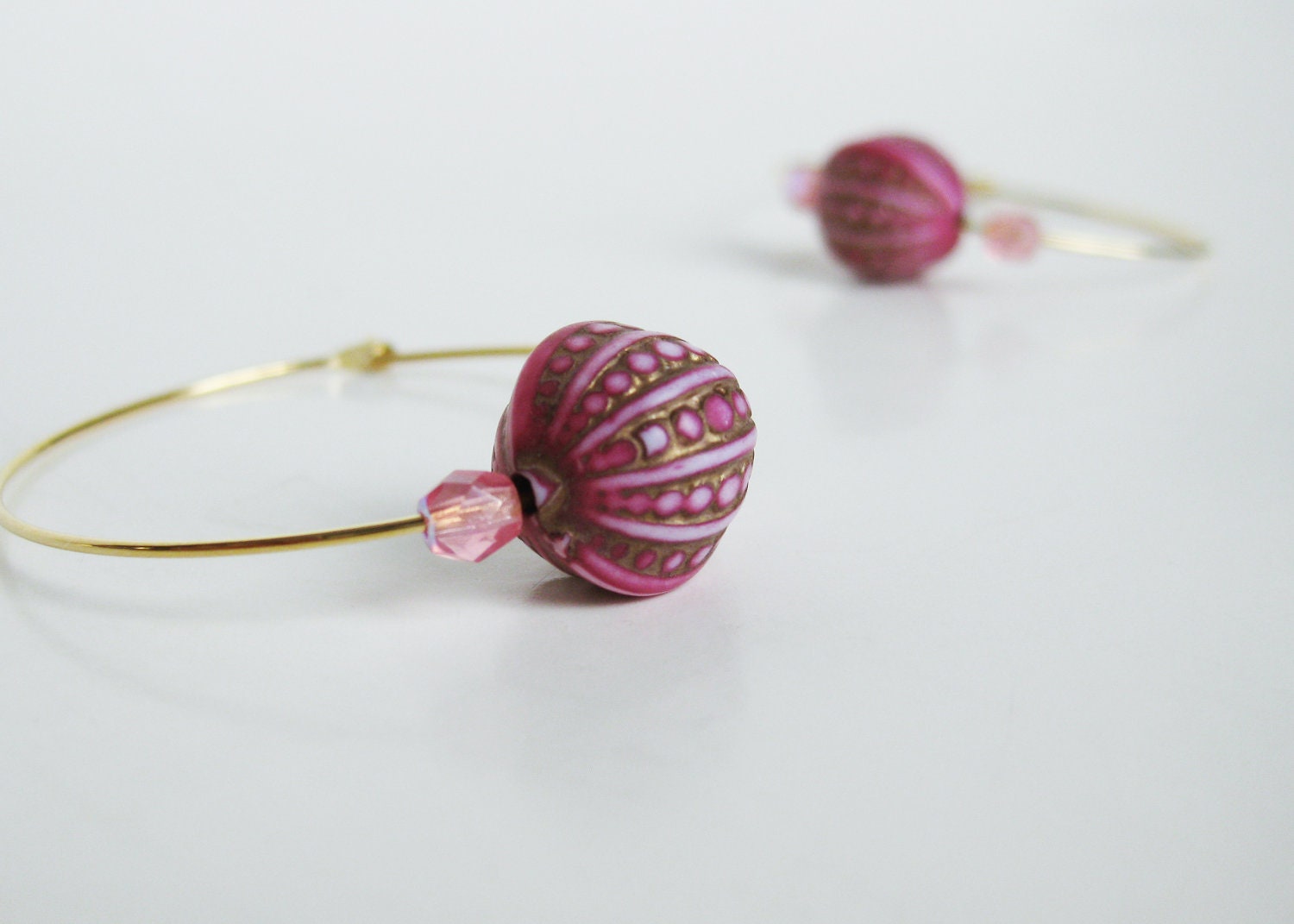 Faux Bone Earrings. Faux Carved Ivory Beads. Vintage inspired style. Retro Bohemian Ethnic Beads. Raspberry pink & gold. Gold plated hoops.
