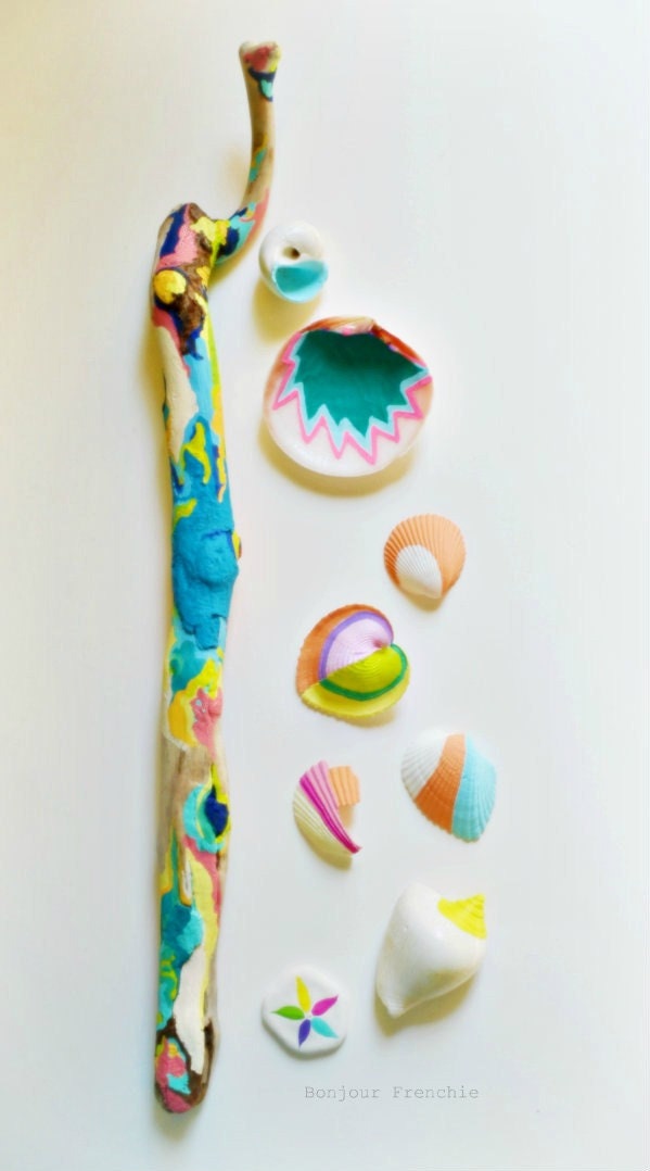 Boho Beach Finds - Neons and Pastels - 9 Piece Collection, Pattern, Bohemian, Hippie, Display, Centerpiece, Natural, Mermaid Art