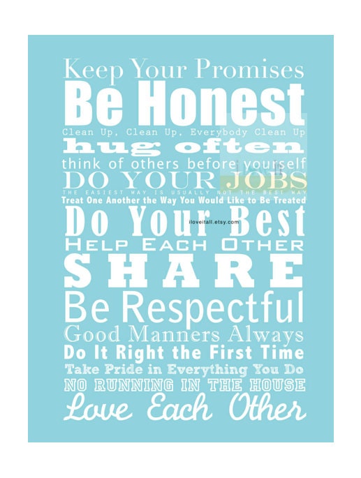 8x10 Family and House Rules Subway Art Print Manifesto . Neon Turquoise Aqua Blue // Bus Roll Tram Scroll