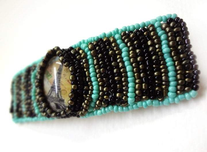 Adventure in Paris - Beaded Barrette Hair Accessory in Bronze and Turquoise