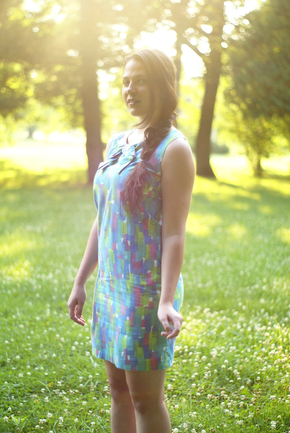 60s shift dress with bow mod mad men multi colored mini short dress sleeveless small medium xs