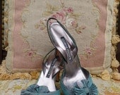 Vintage iridescent teal green peep- toe sling back heels - Andrea Pfister