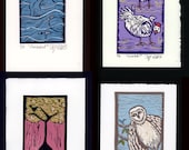 linocut prints, set of 4 small linocuts with birds in happy pastel colours
