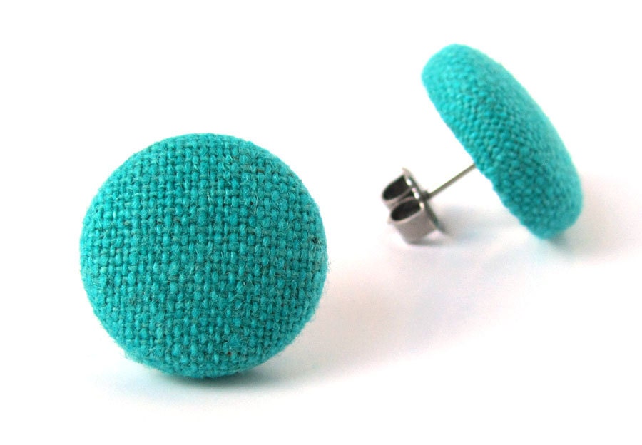 Teal post earrings studs blue green turquoise fabric covered cerulean