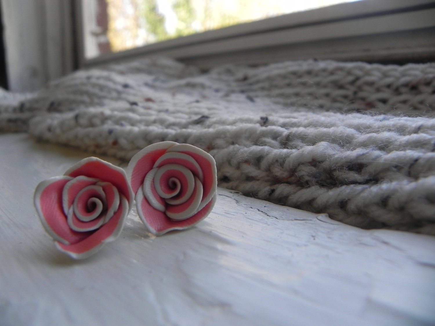 Pink and White Rose Earrings