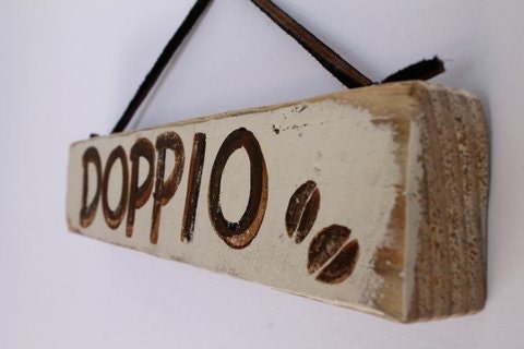 Doppio Coffee Sign Wooden with Original Design on Reclaimed Distressed Wood Coastal Vintage Style Rustic Party Decor