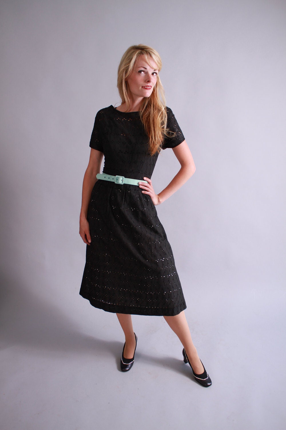 1950s dress / 50s black eyelet dress / City Walk
