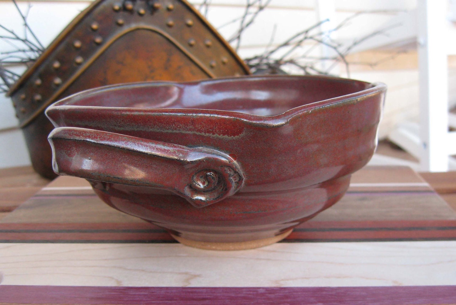 Twisted Hostess Serving Bowl with Handles in Iron Red Brick Glaze READY TO SHIP
