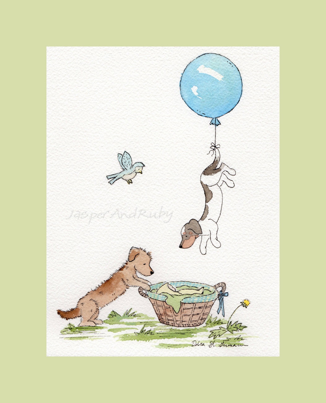 Dachshund Art- Welcome Baby 8X10 Archival Print- Two Dachshunds with Blue Balloon and Baby in a Basket- Nursery Wall Art