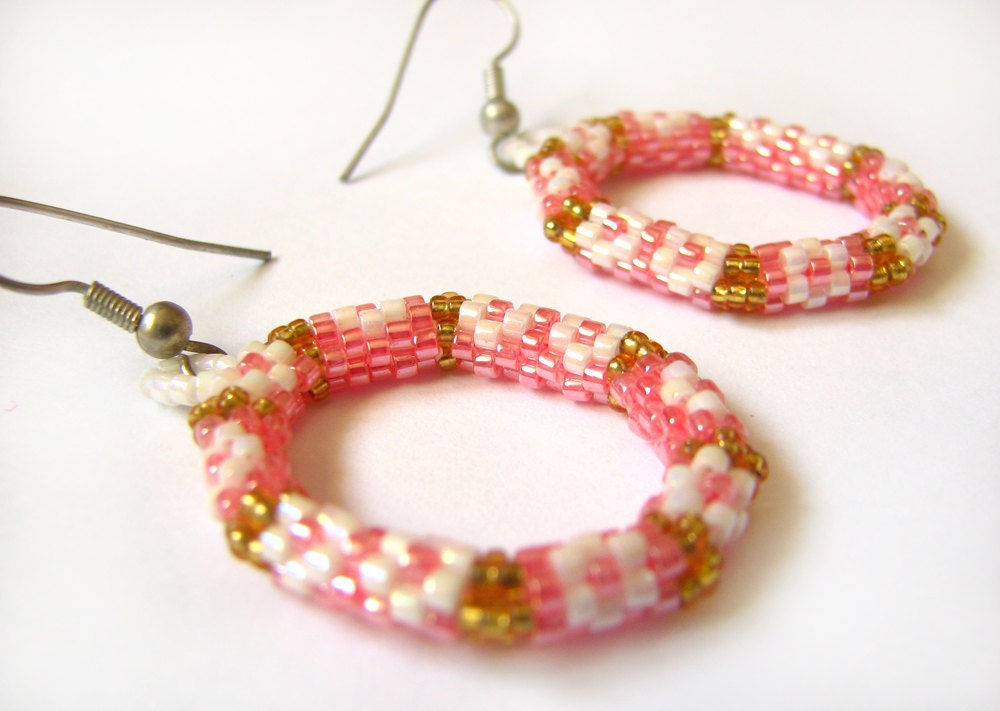 Pink flower hoop earrings - delicas, seed beads, peyote, sterling silver earwire