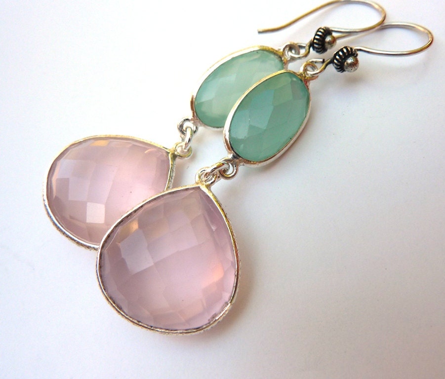 Green Chalcedony & Pink Quartz Drop Earrings. Silver Bezel Dangle Earrings. Large Beadwork Earrings. Pastel Chandelier Earrings.