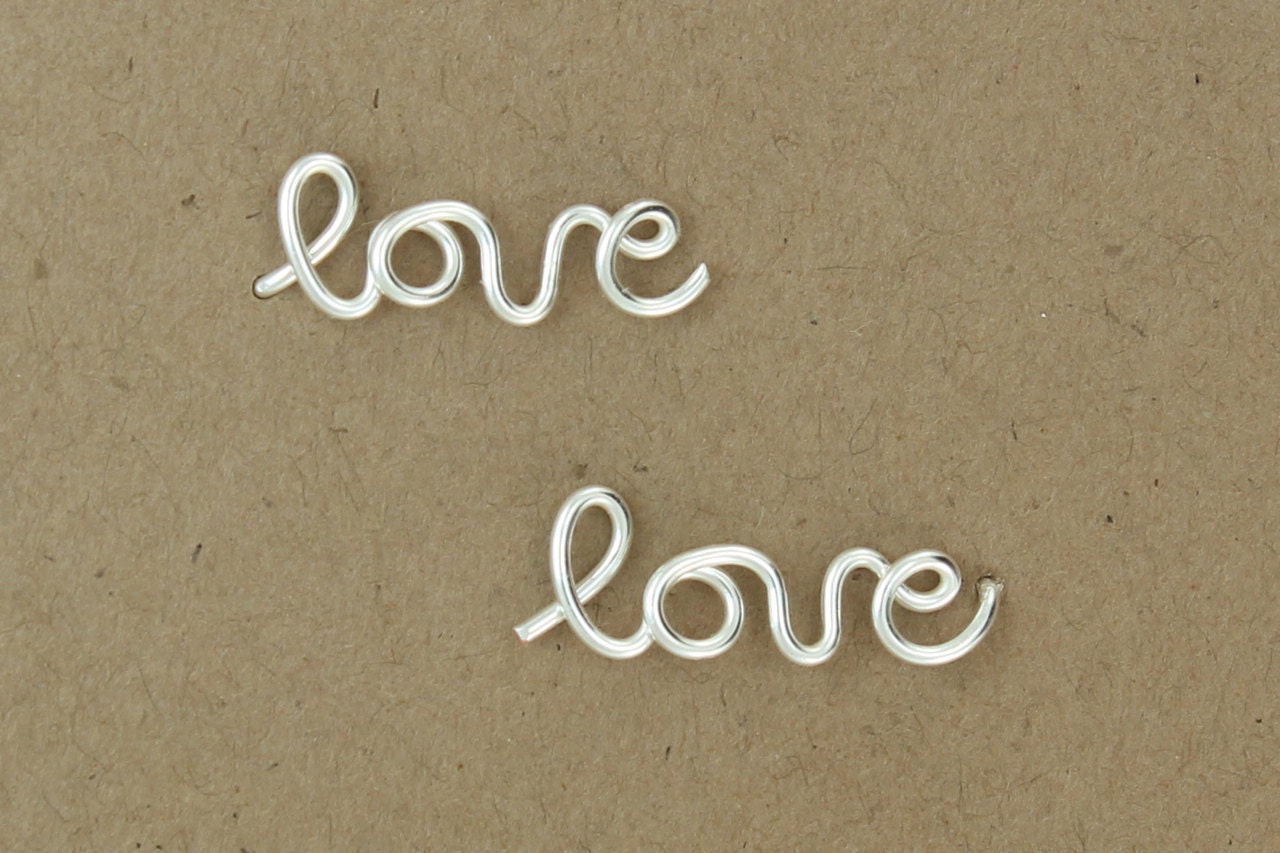 Love Earrings : Sterling Silver Plated Love Stud Earrings, Cartilage, Pair, Word, Handwritten, Cursive, Affirmation, Ear Cuff