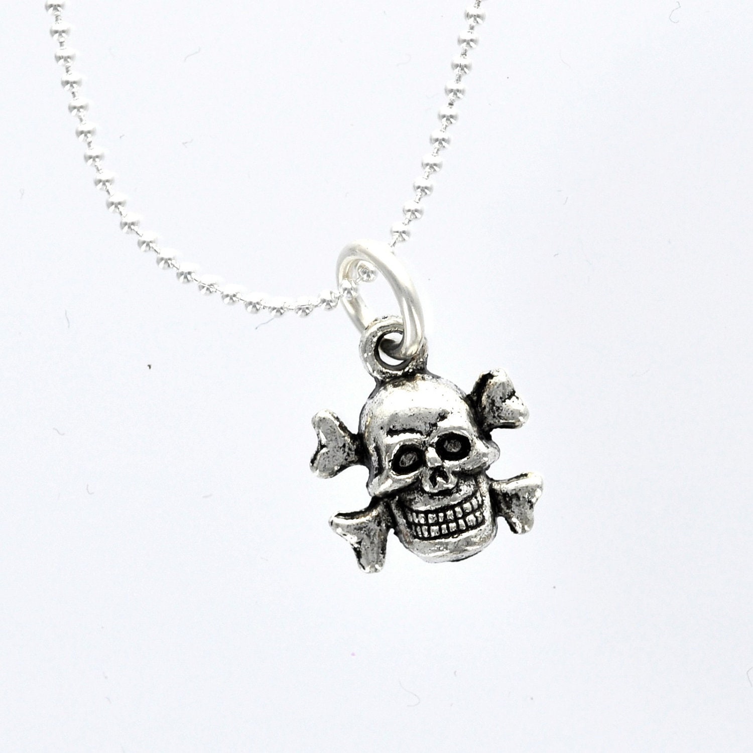 Silver Plated Ball Chain Charm Pendant Necklace . SKULL and CROSSBONES
