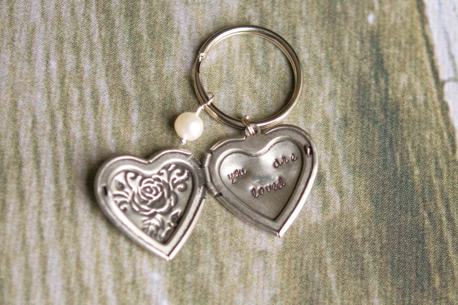Silver Heart Locket Key Chain - You Are Loved - Hand Stamped Heart Key Chain