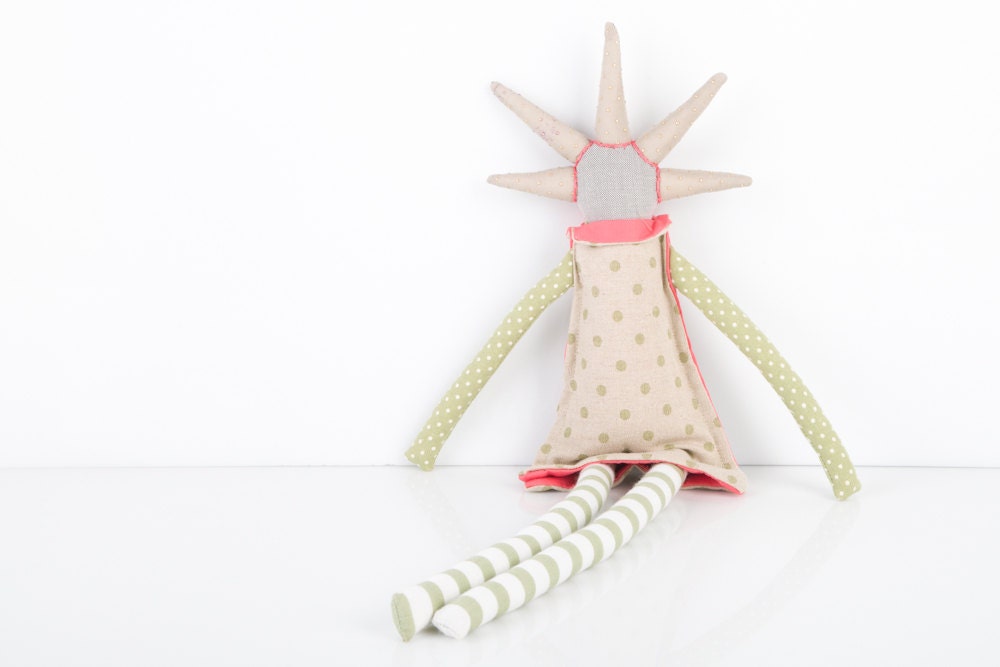 Ooak gray  spikes  doll  With cool Haircut , Canvas dress with greenish dots , pink collar, striped pants. timo handmade eco doll